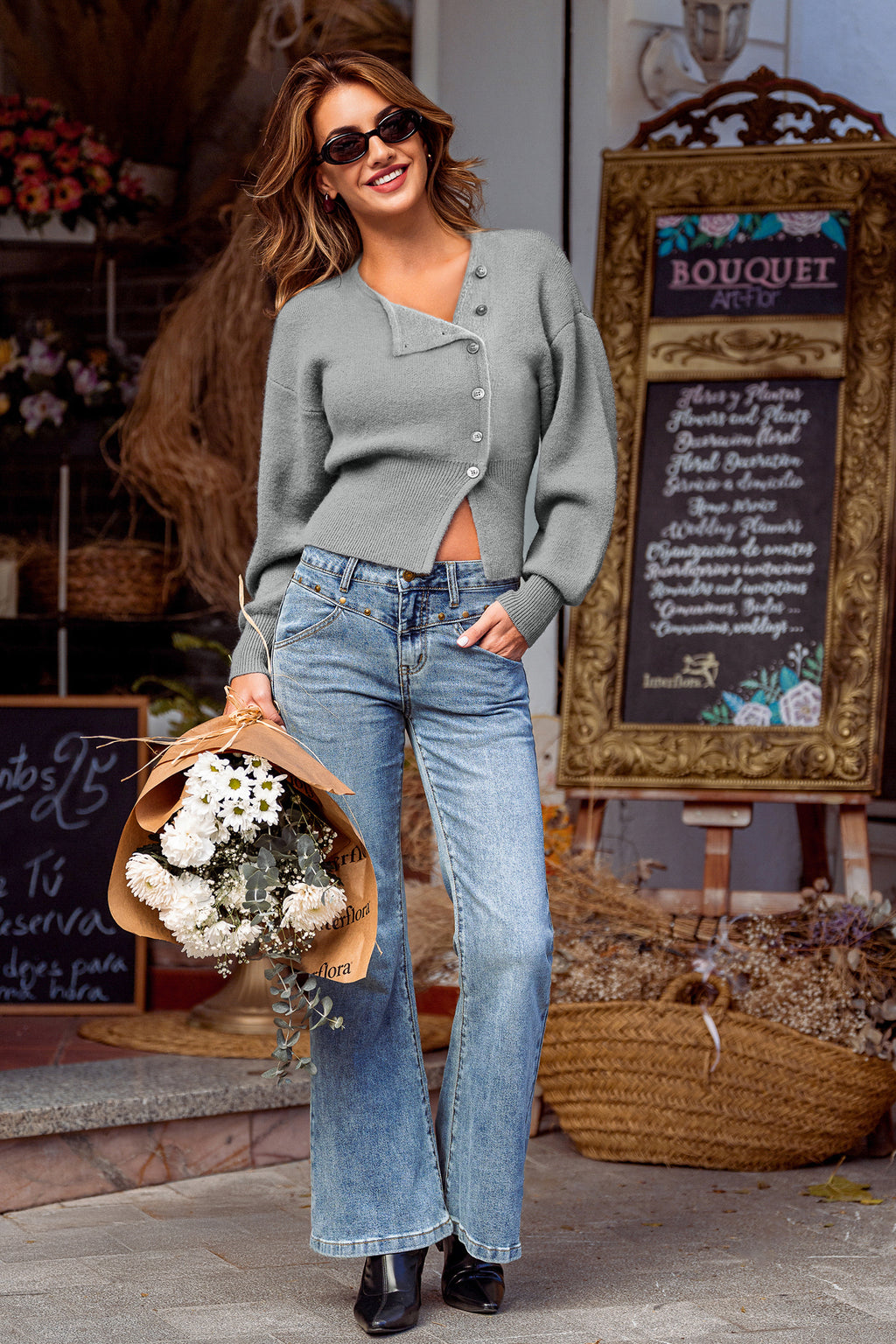 Graue Geraffte Taille Asymmetrischer Saum Strickjacke