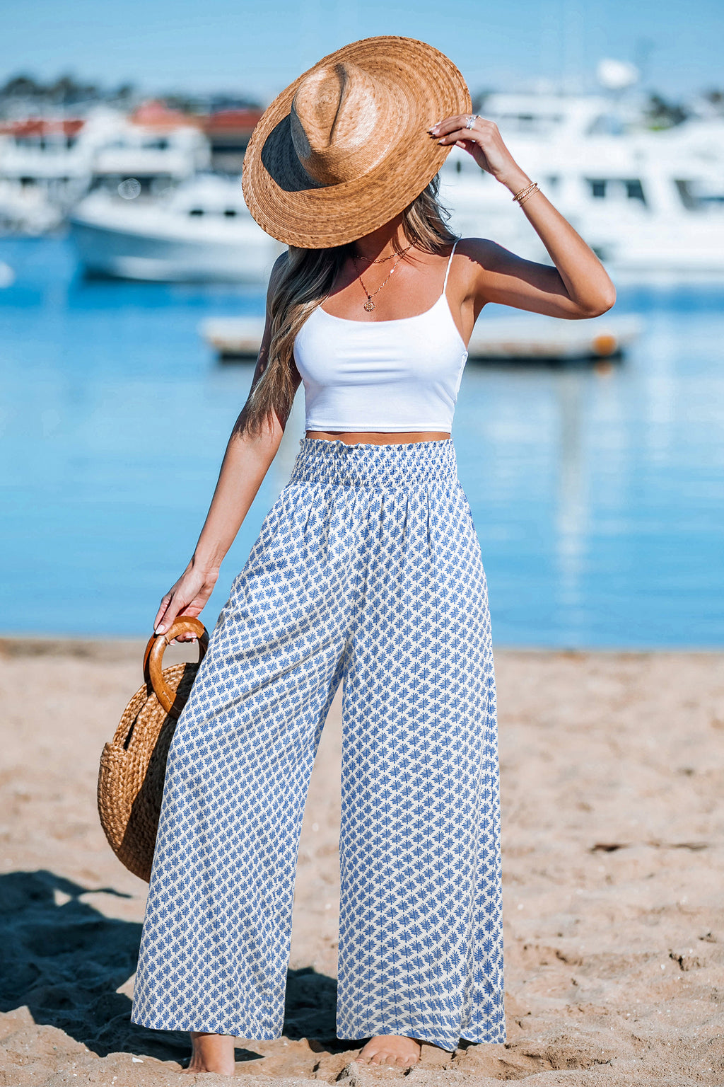 Blaue Verzierte Gesmokter Bund Hose