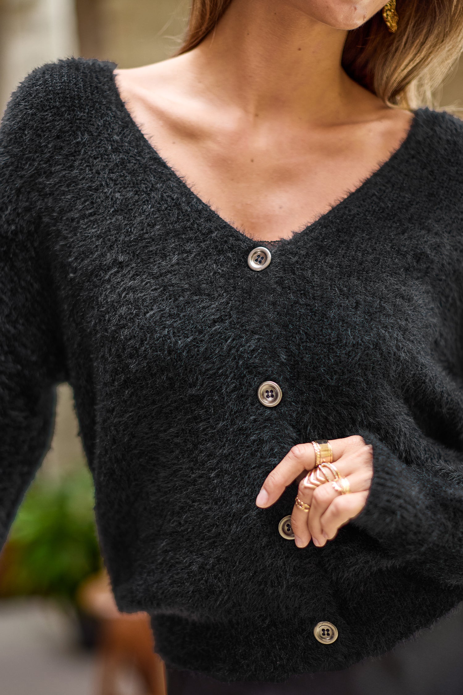 Schwarze V-Ausschnitt Strickjacke
