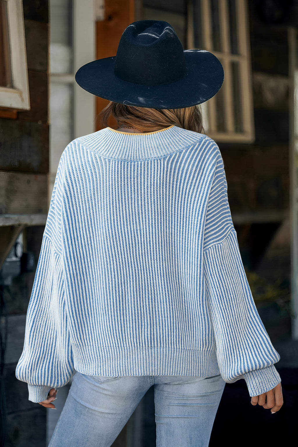 Blauer V-Ausschnitt Lange Ärmel Pullover