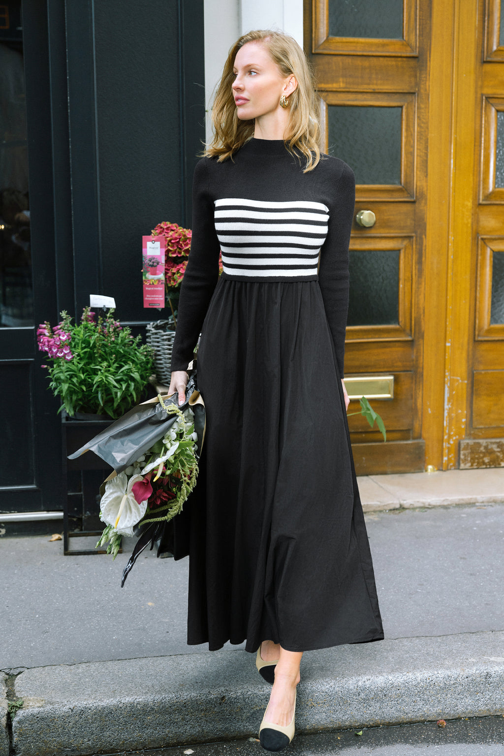 Gestreiftes Hoher Ausschnitt Strickkleid