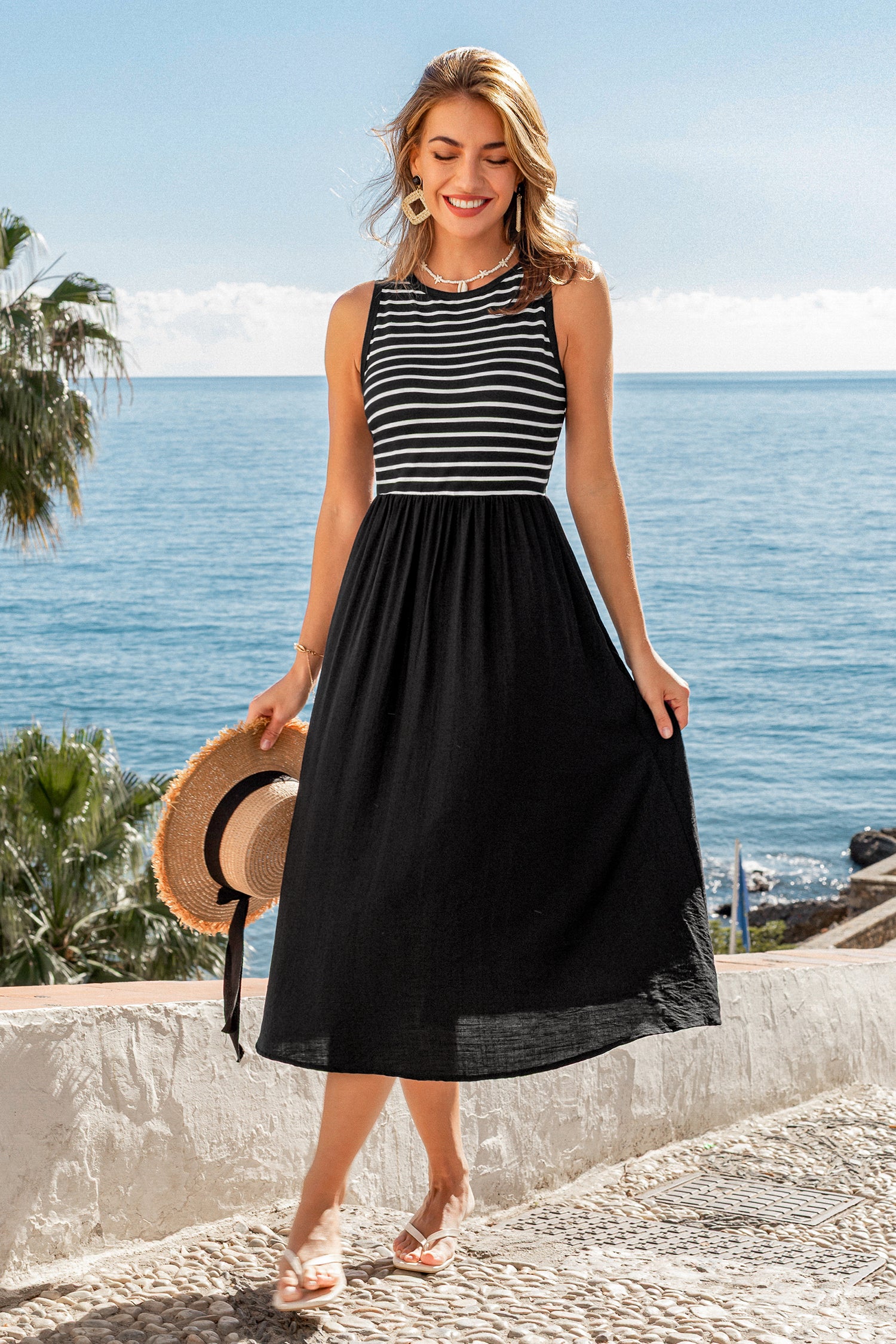 Schwarzes Ärmelloses Gestreiftes Rundhals Midikleid