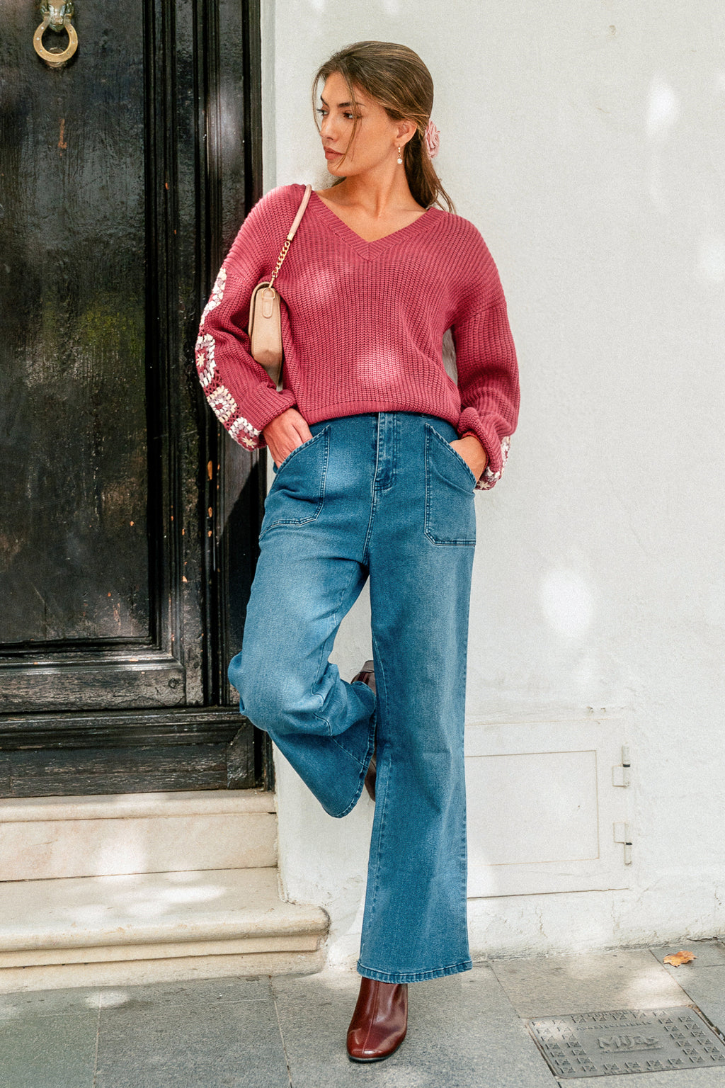 Rosa V-Ausschnitt Pullover mit Häkelbesatz