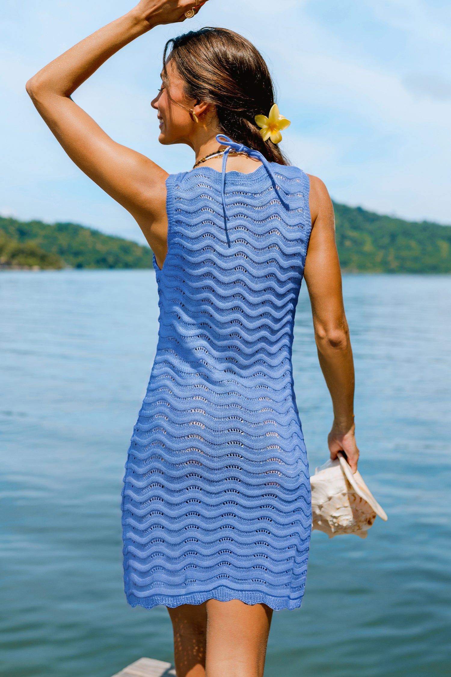 Blaues Ärmelloses Luftiges Mini-Strick-Strandkleid
