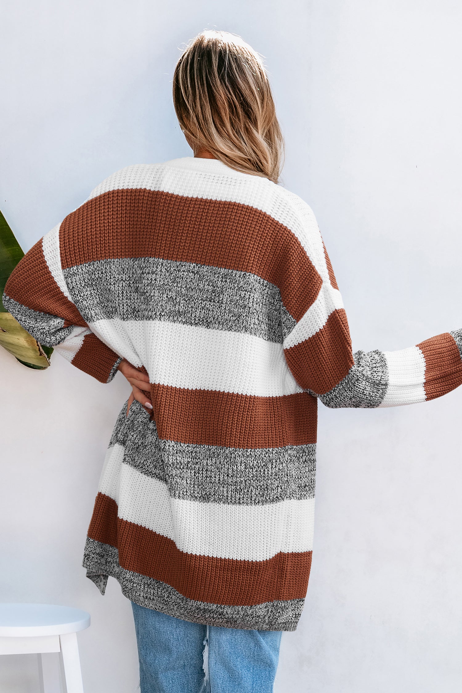 Gestreifte Offene Vorderseite Strickjacke