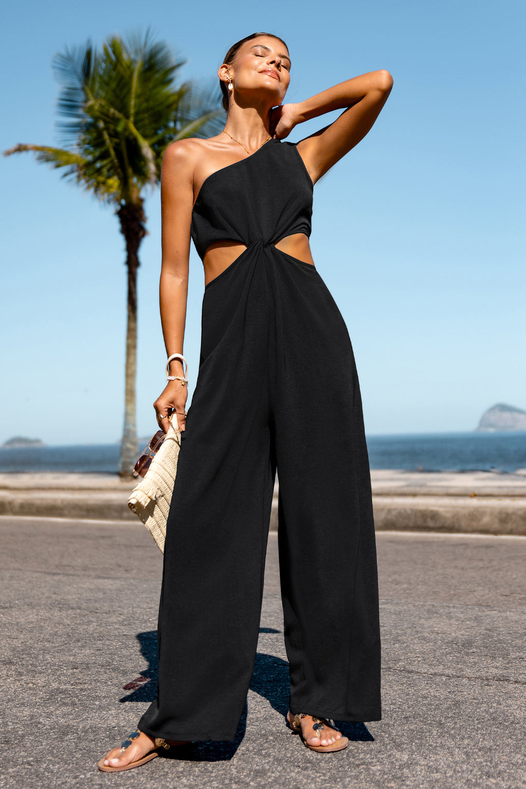 Schwarzer Asymmetrischer Ausschnitt Ärmelloser Wide-Leg-Jumpsuit