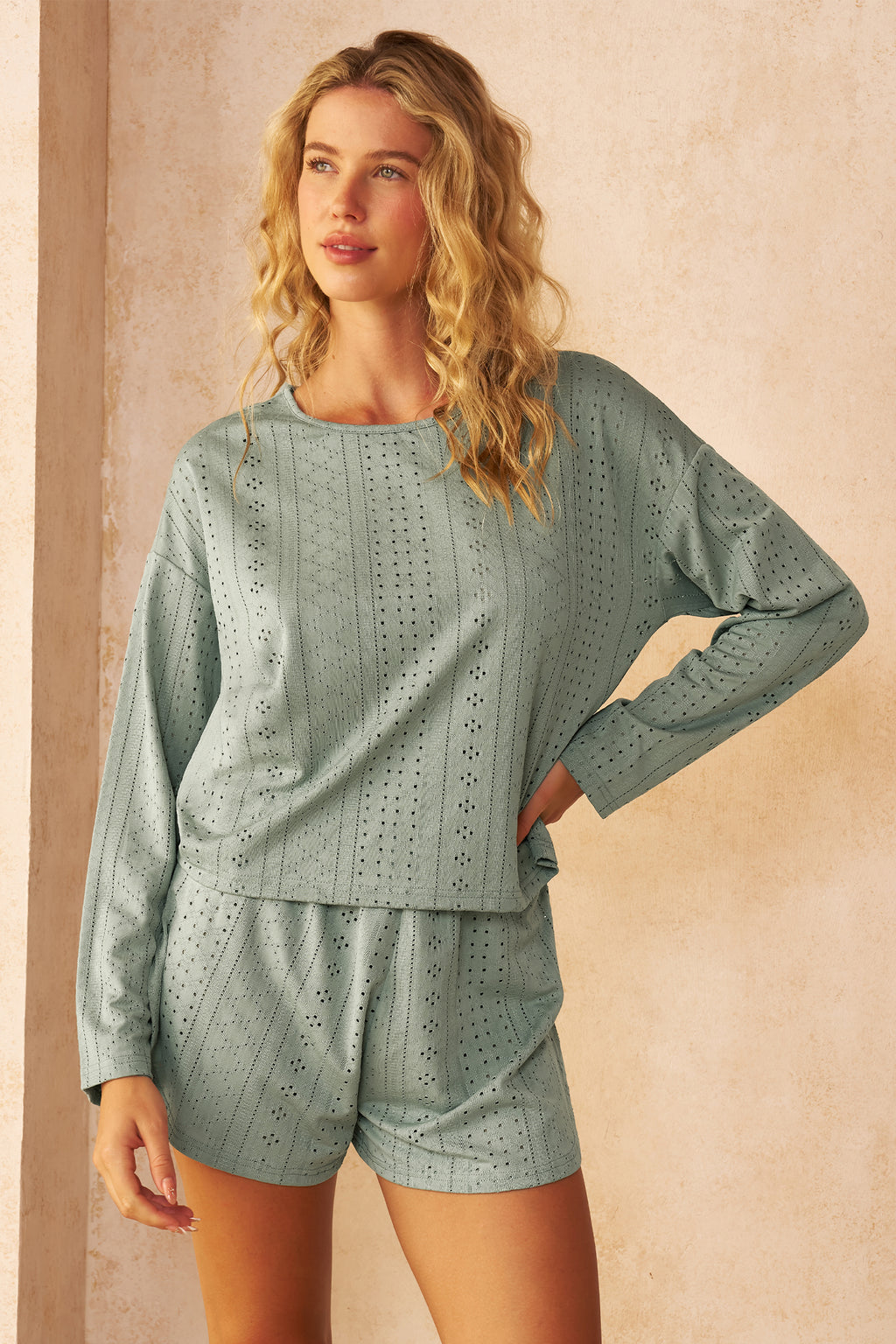 Grünes Langarm Rundhals Pyjama-Set