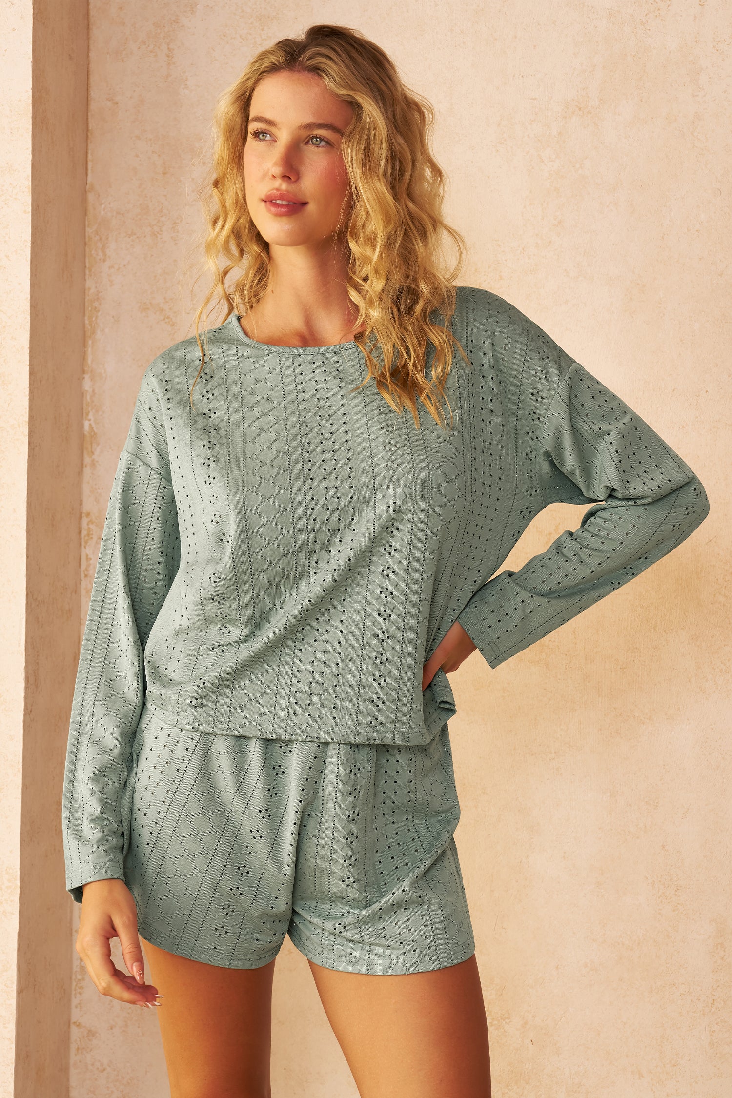 Grünes Langarm Rundhals Pyjama-Set