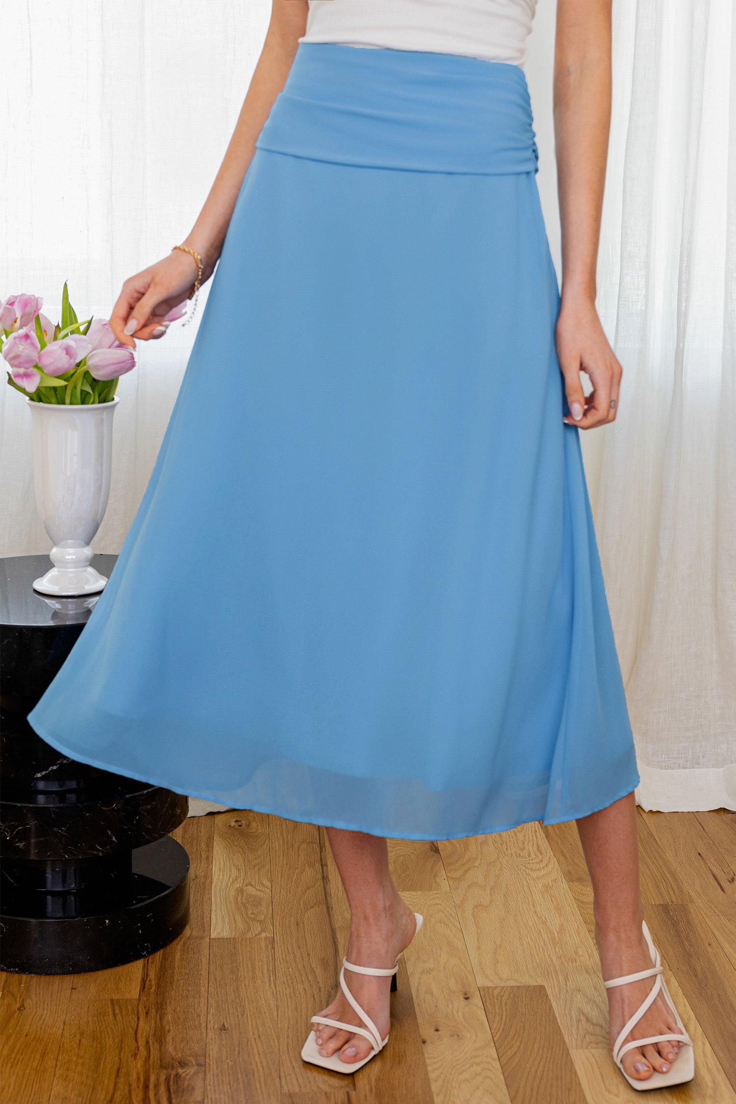 Blauer Geraffte Taille Midirock