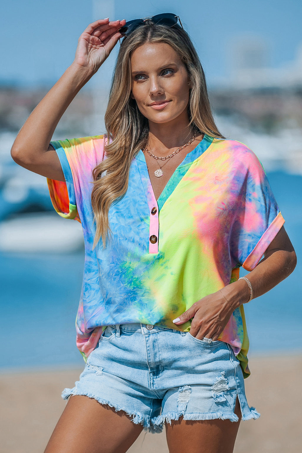 Tie-Dye Kurzarm V-Ausschnitt T-Shirt