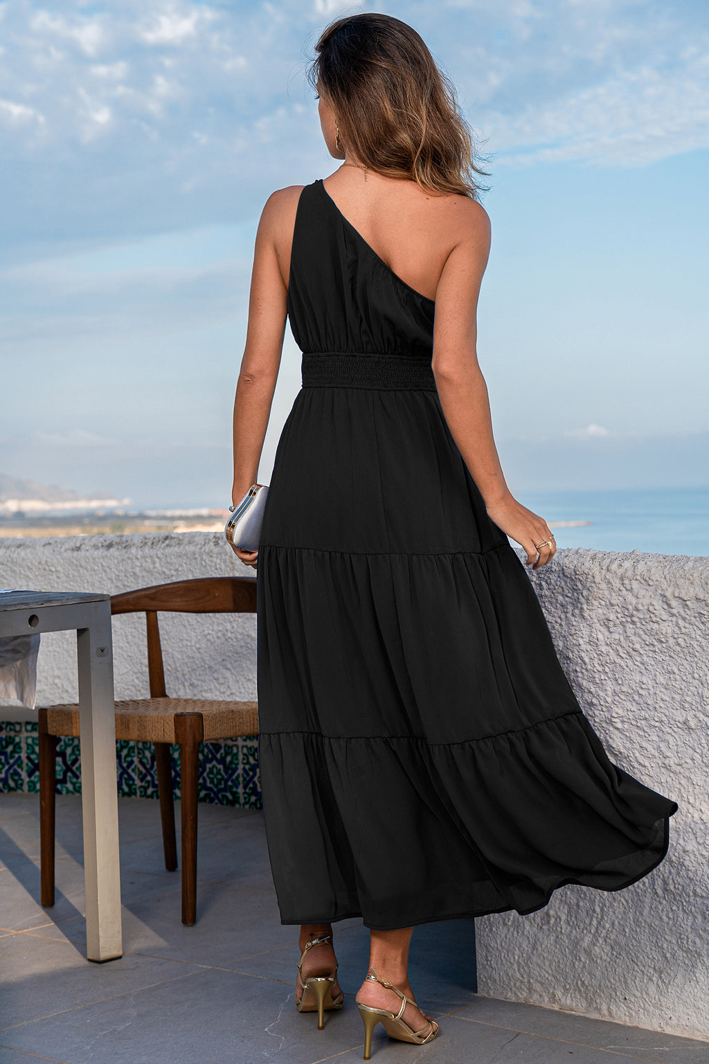 Schwarzes Ärmelloses Asymmetrischer Ausschnitt Maxikleid