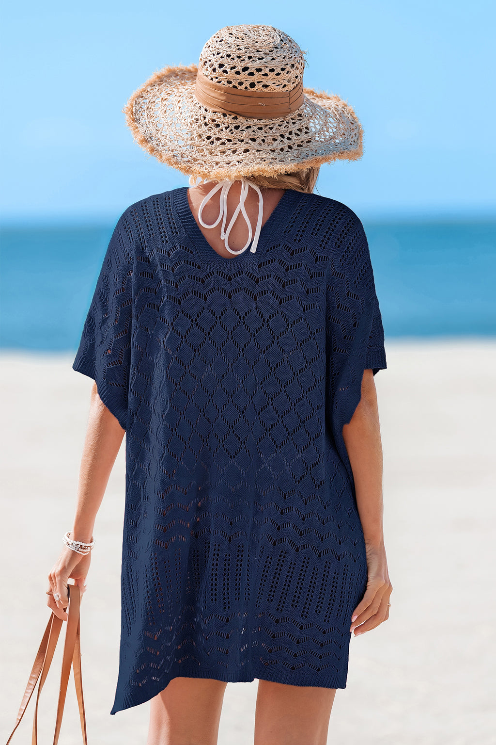 Blaues V-Ausschnitt Kurzarm Strick-Strandkleid
