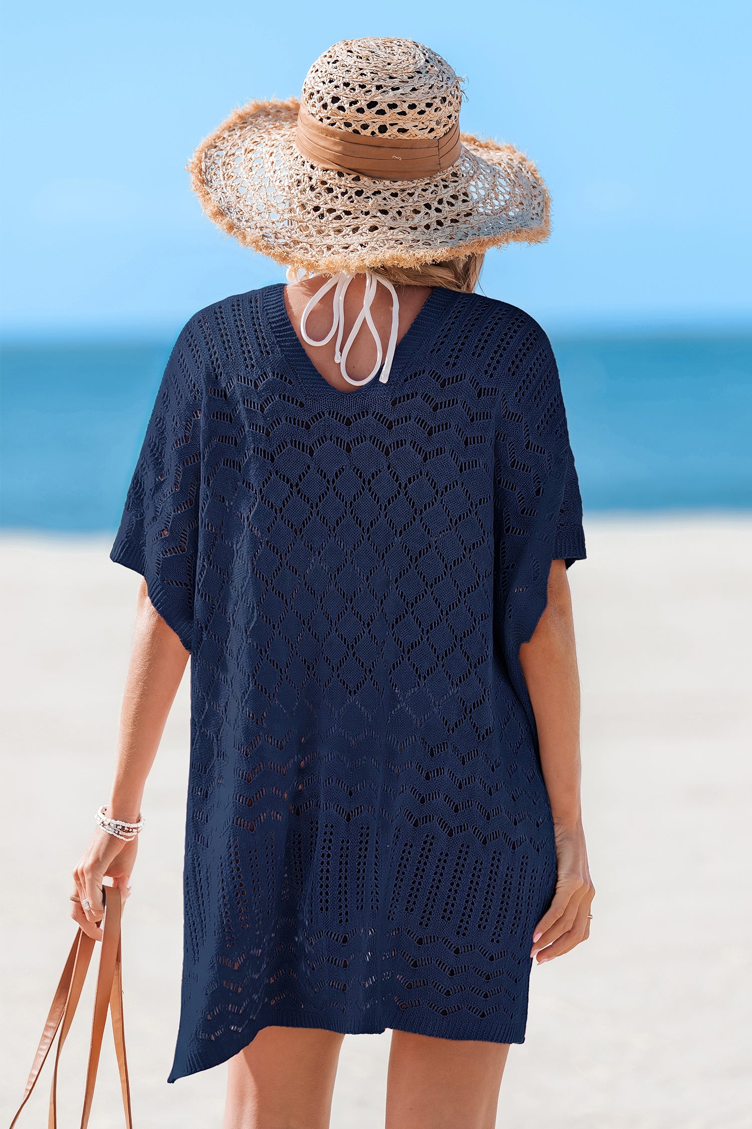 Blaues V-Ausschnitt Kurzarm Strick-Strandkleid