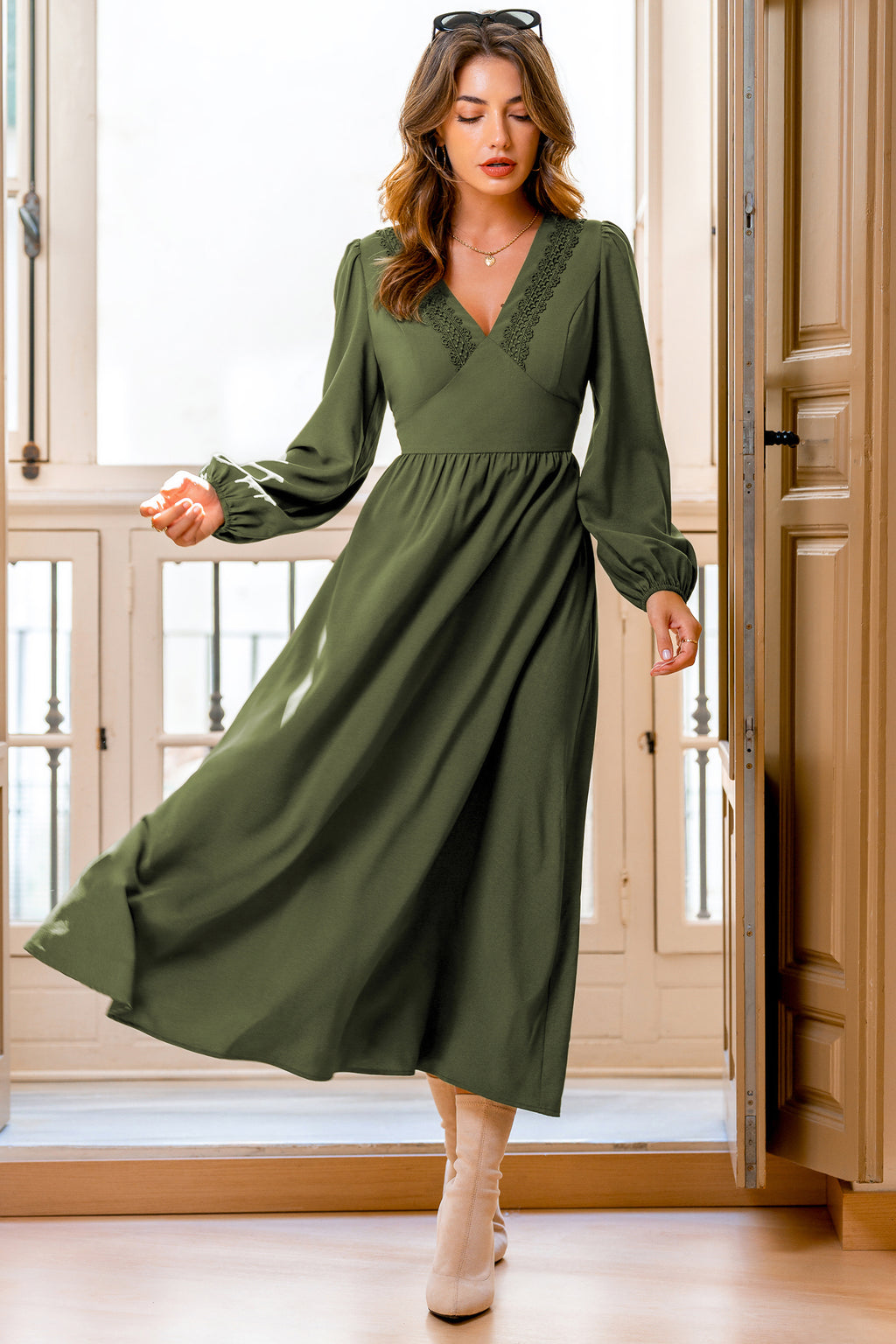 Grünes V-Ausschnitt Lange Ärmel Maxikleid