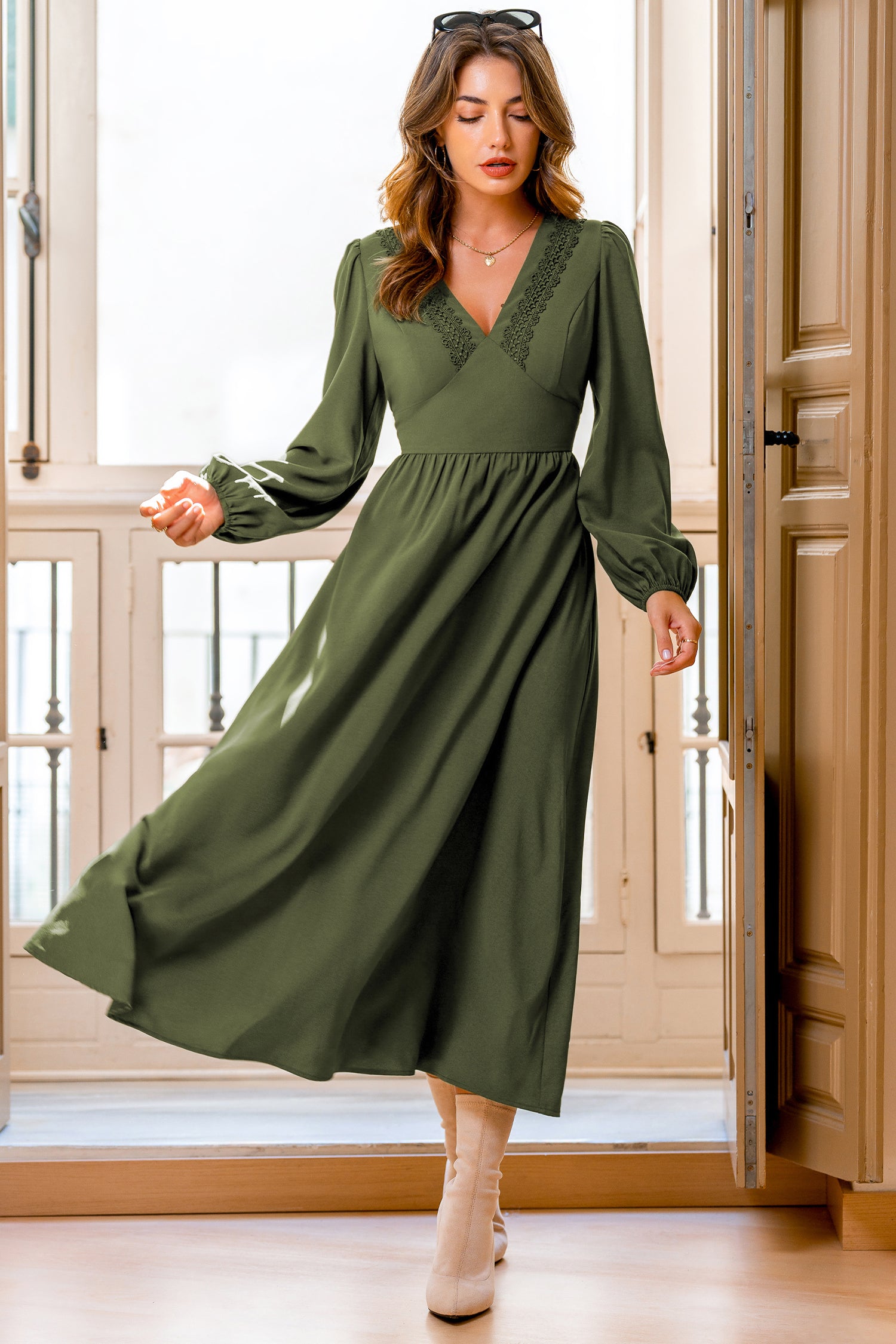 Grünes V-Ausschnitt Lange Ärmel Maxikleid