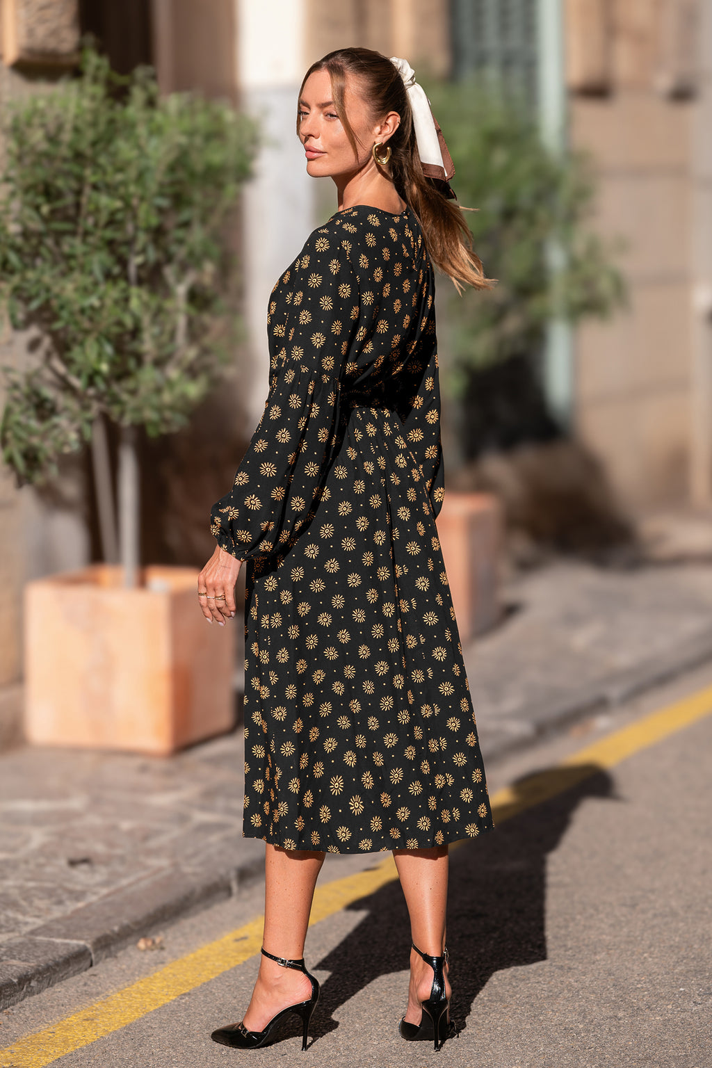 Geblümtes Lange Ärmel Rundhals Maxikleid