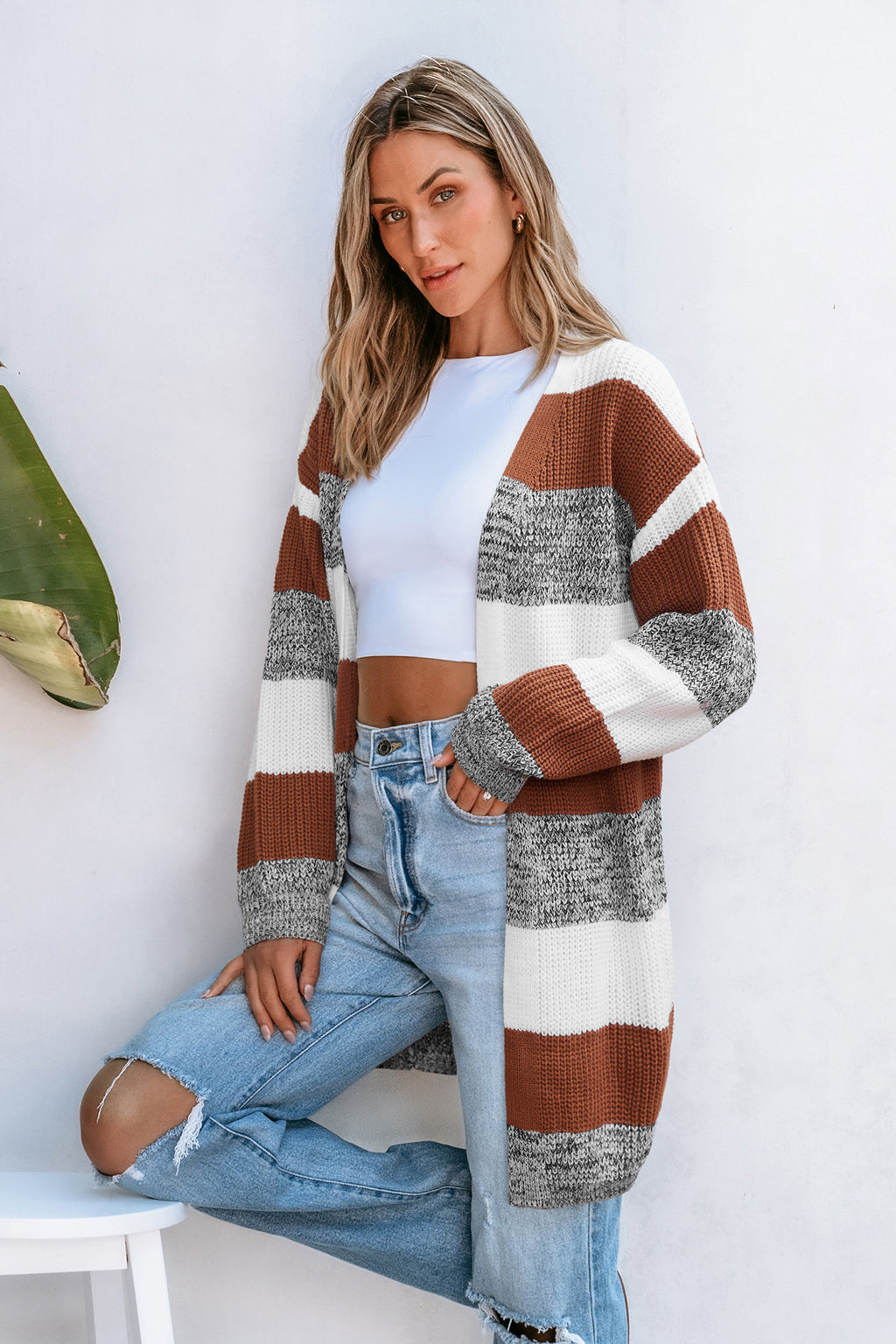 Gestreifte Offene Vorderseite Strickjacke