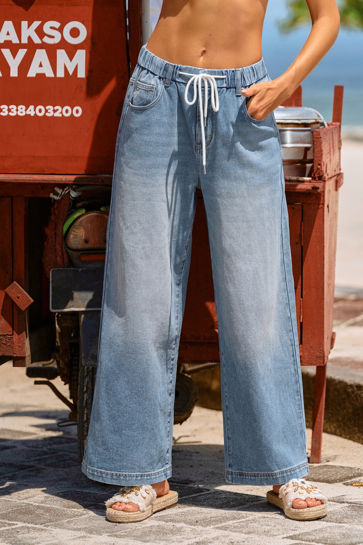Blaue Elastischer Bund Jeanshose mit Kordelzug