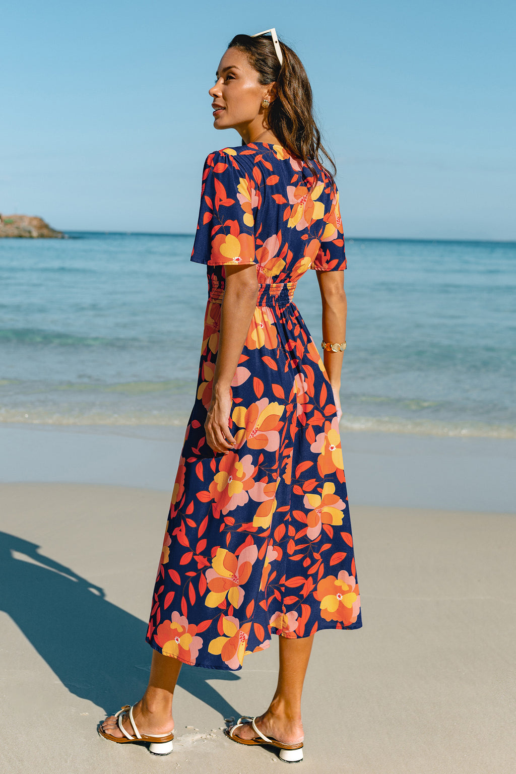 Orange Kurzarm V-Ausschnitt Maxi-Urlaubs-Sommerkleid