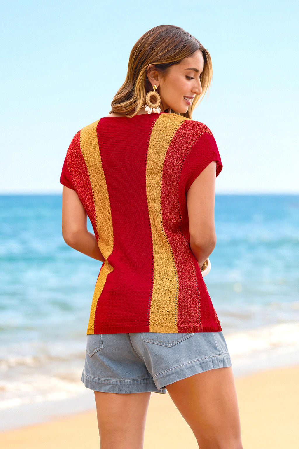 Colorblock U-Ausschnitt Kurzarm Strand-Top