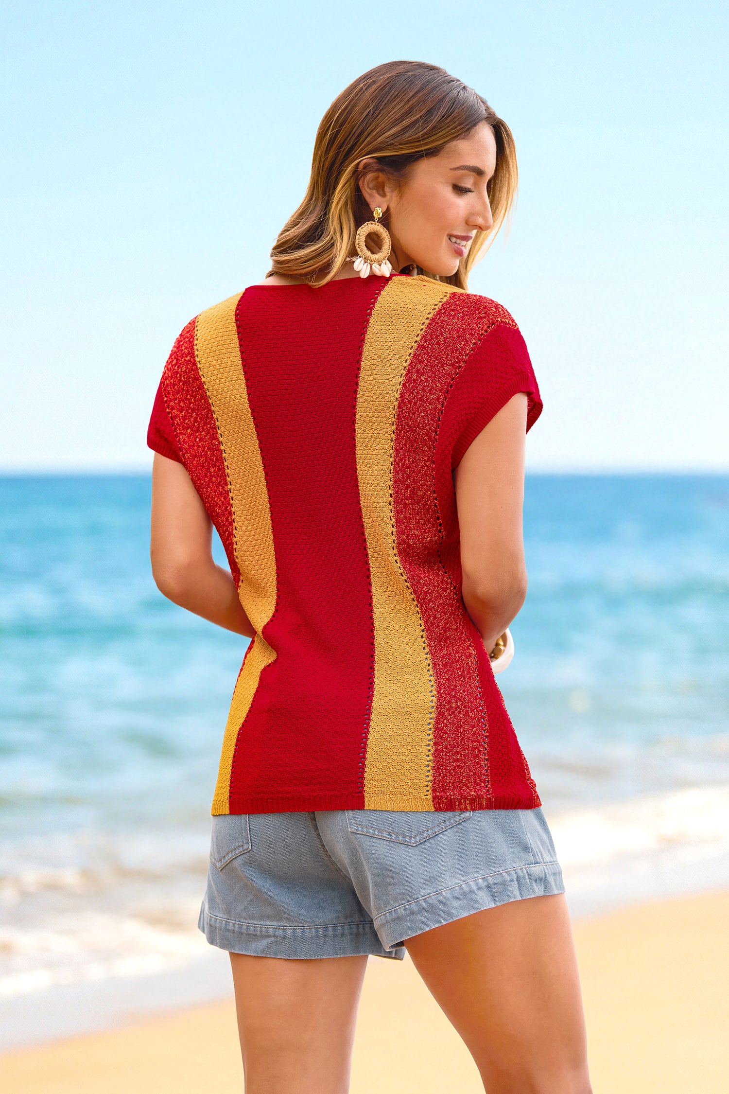 Colorblock U-Ausschnitt Kurzarm Strand-Top