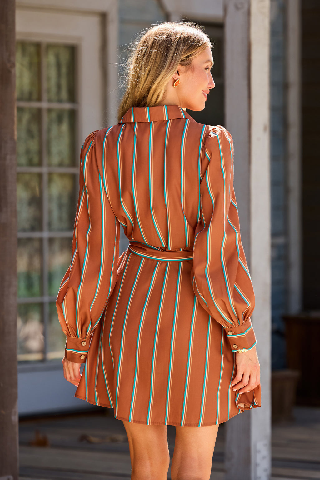 Braun Gestreiftes Lange Ärmel Minikleid