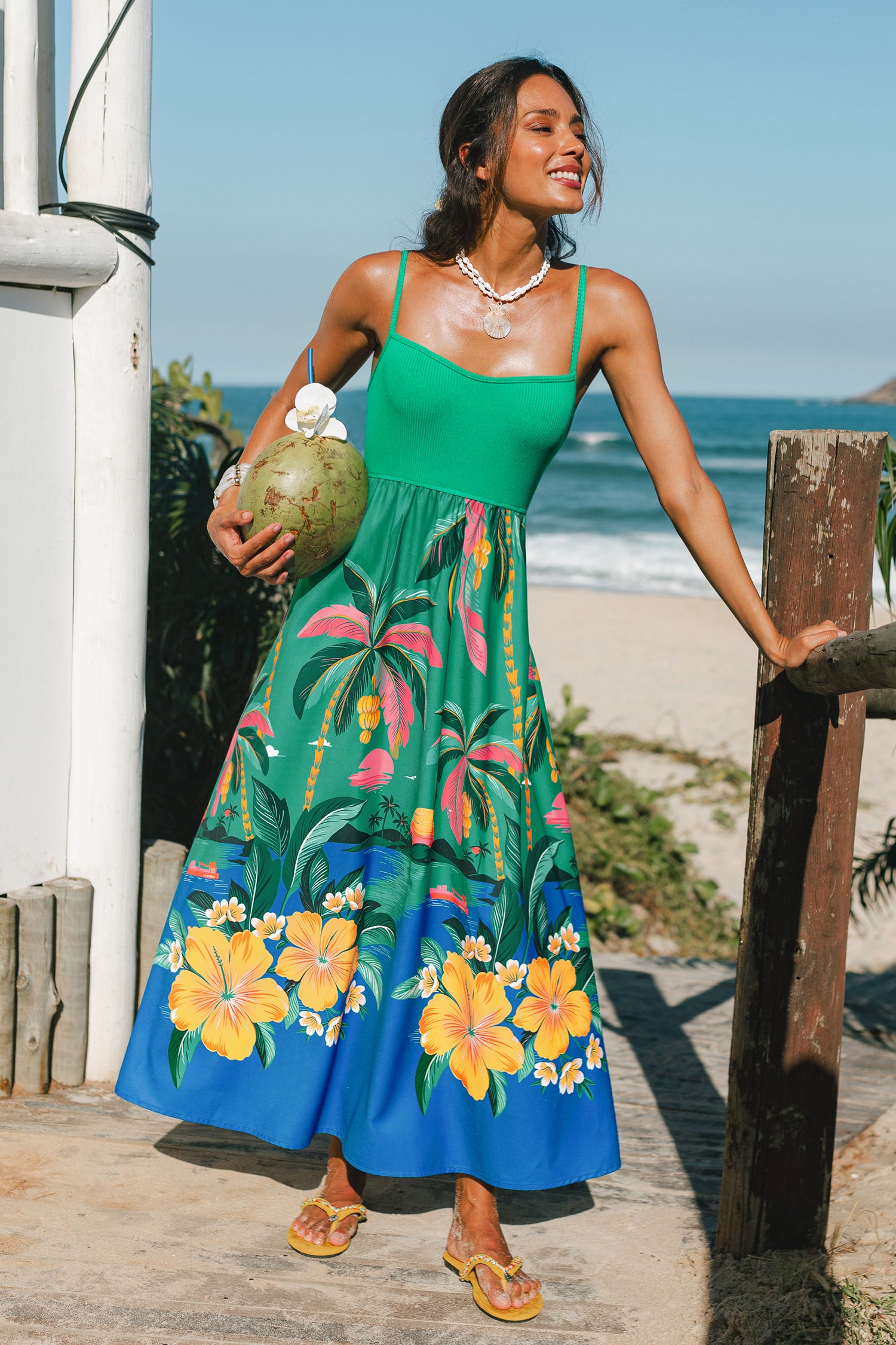 Grün Tropisches Maxi-Strandkleid