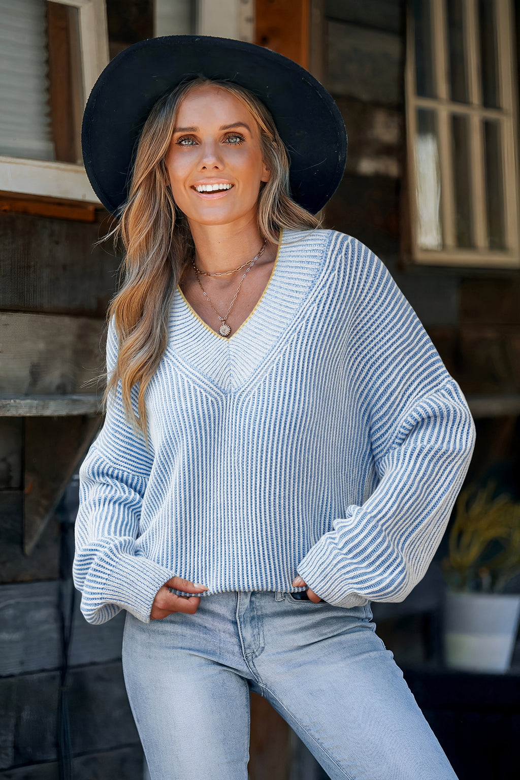 Blauer V-Ausschnitt Lange Ärmel Pullover