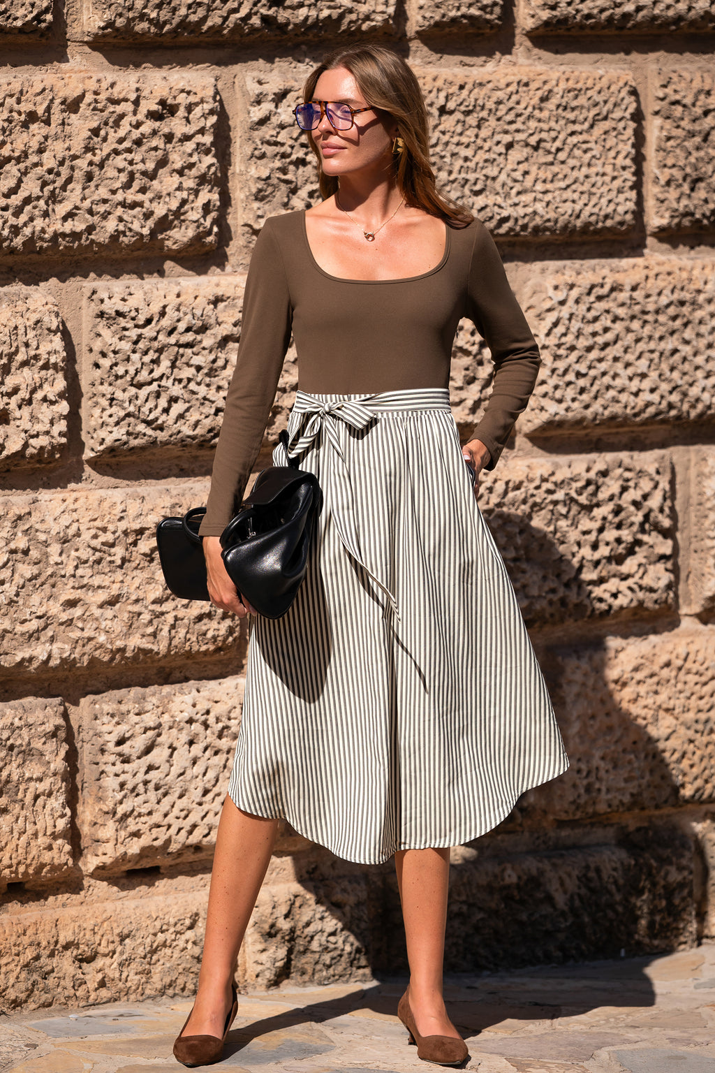 Gestreiftes Quadratischer Ausschnitt Maxikleid mit Taillengürtel