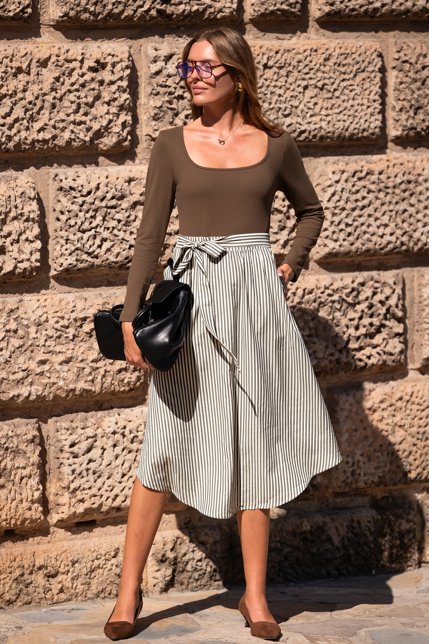 Gestreiftes Quadratischer Ausschnitt Maxikleid mit Taillengürtel