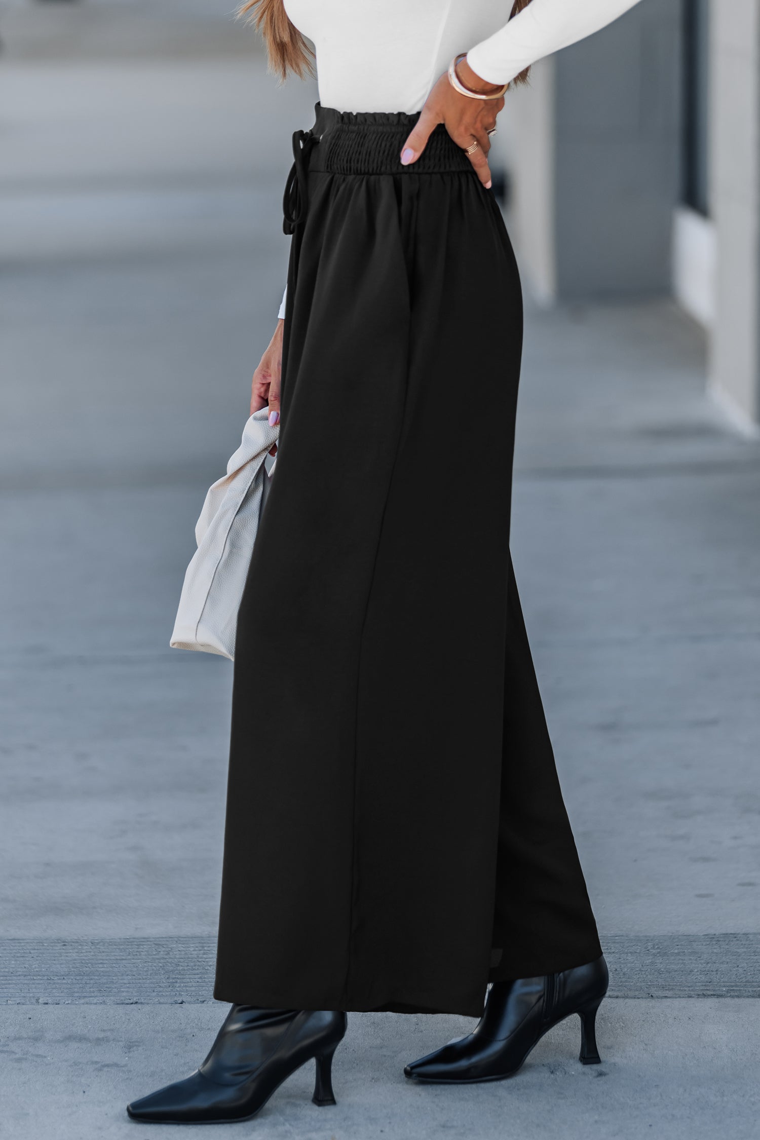 Schwarze Gesmokter Bund Hose mit Kordelzug