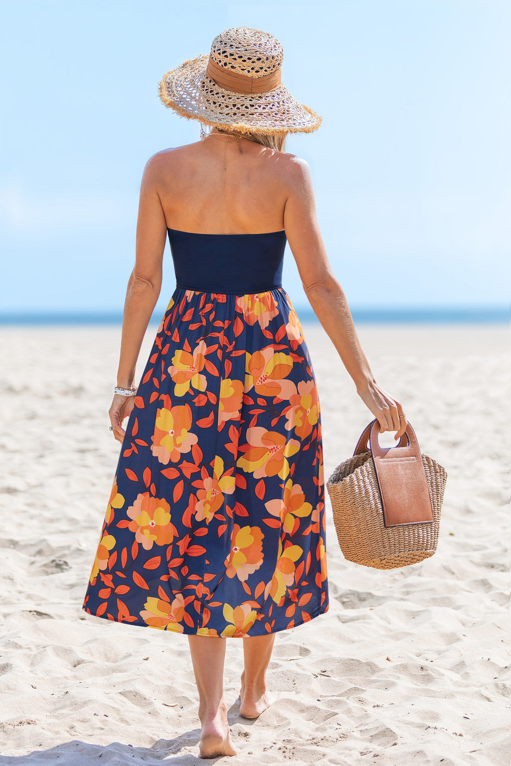 Geblümtes Ärmelloses Midi Bandeau-Strandkleid