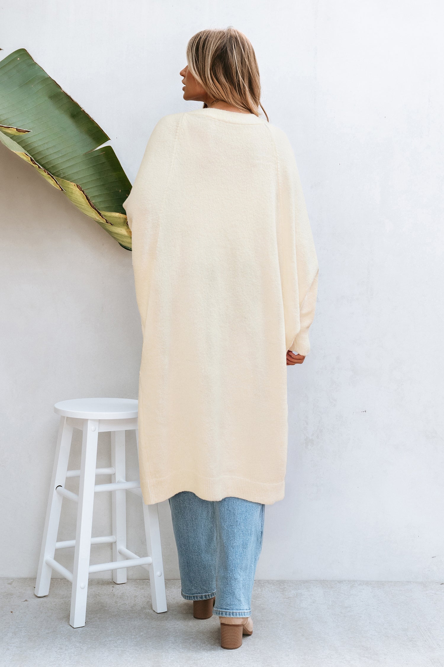 Dolmanärmel Lange Strickjacke in Beige