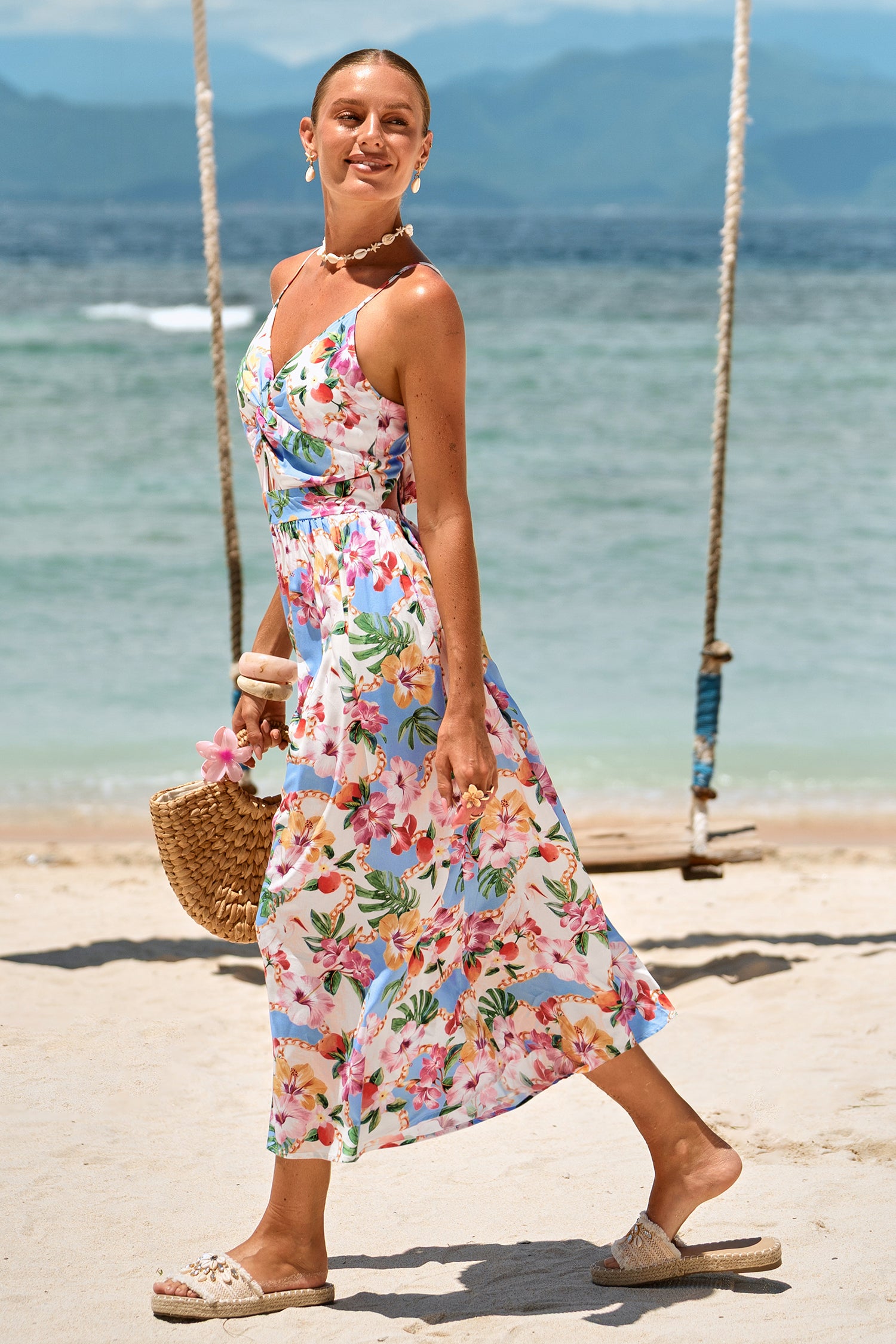 Tropisches Ärmelloses Cut-out Maxikleid