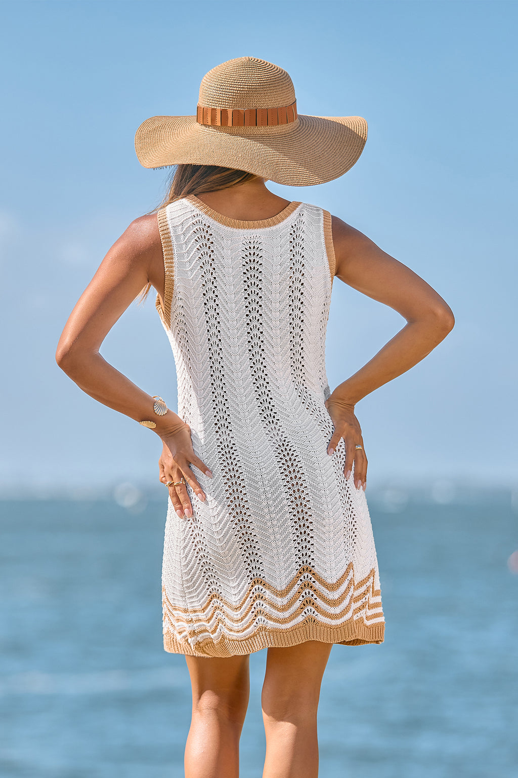 Ärmelloses Rundhals Mini-Strick-Strandkleid in Weiß