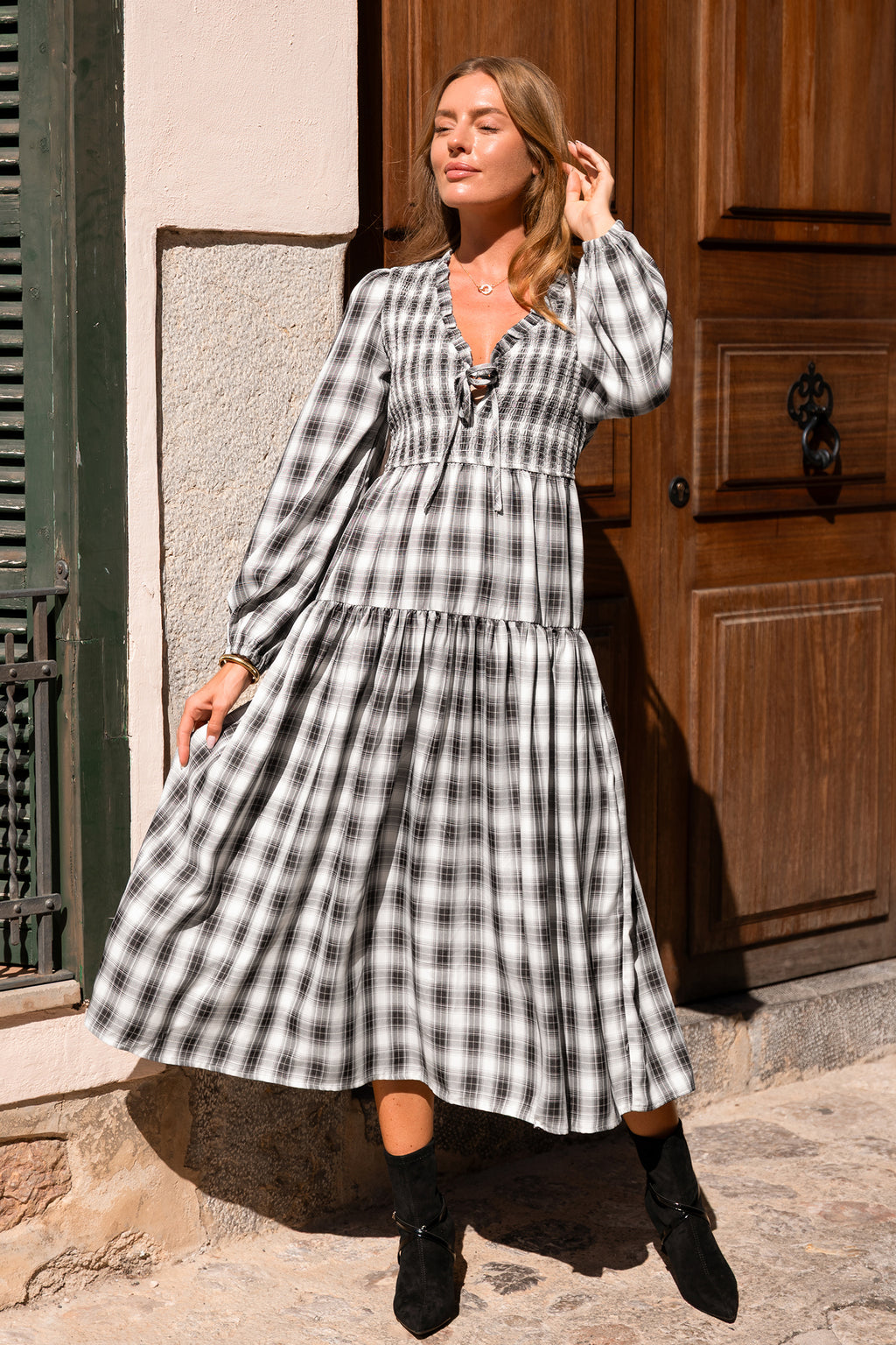 Kariertes Gesmoktes Lange Ärmel V-Ausschnitt Maxikleid