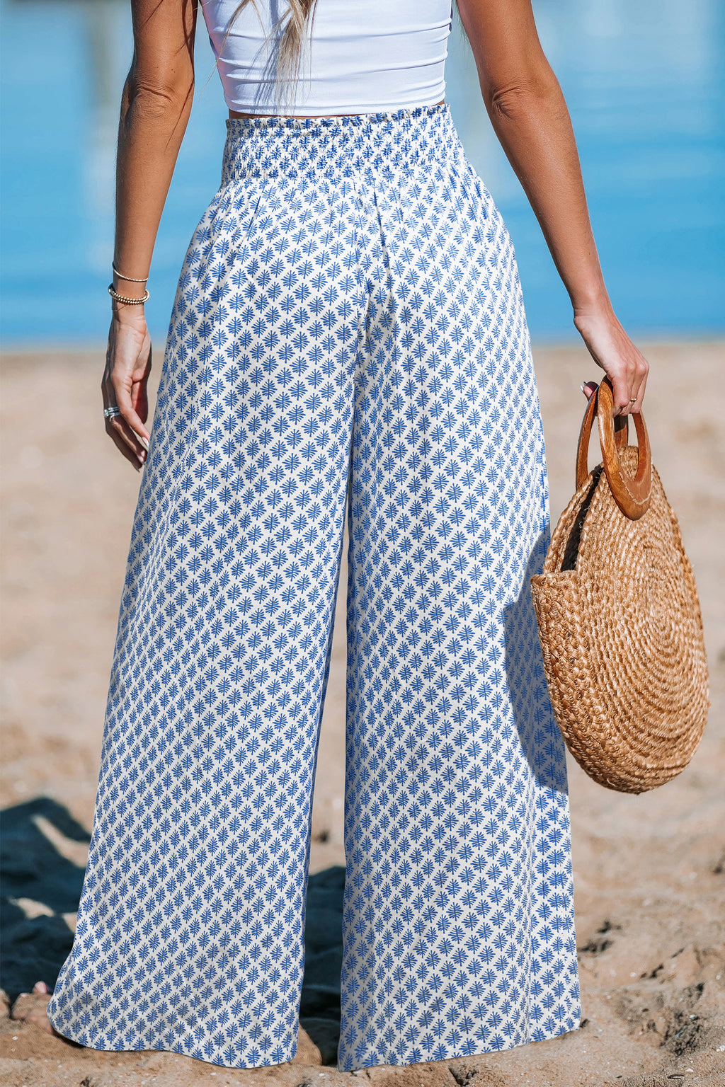 Blaue Verzierte Gesmokter Bund Hose