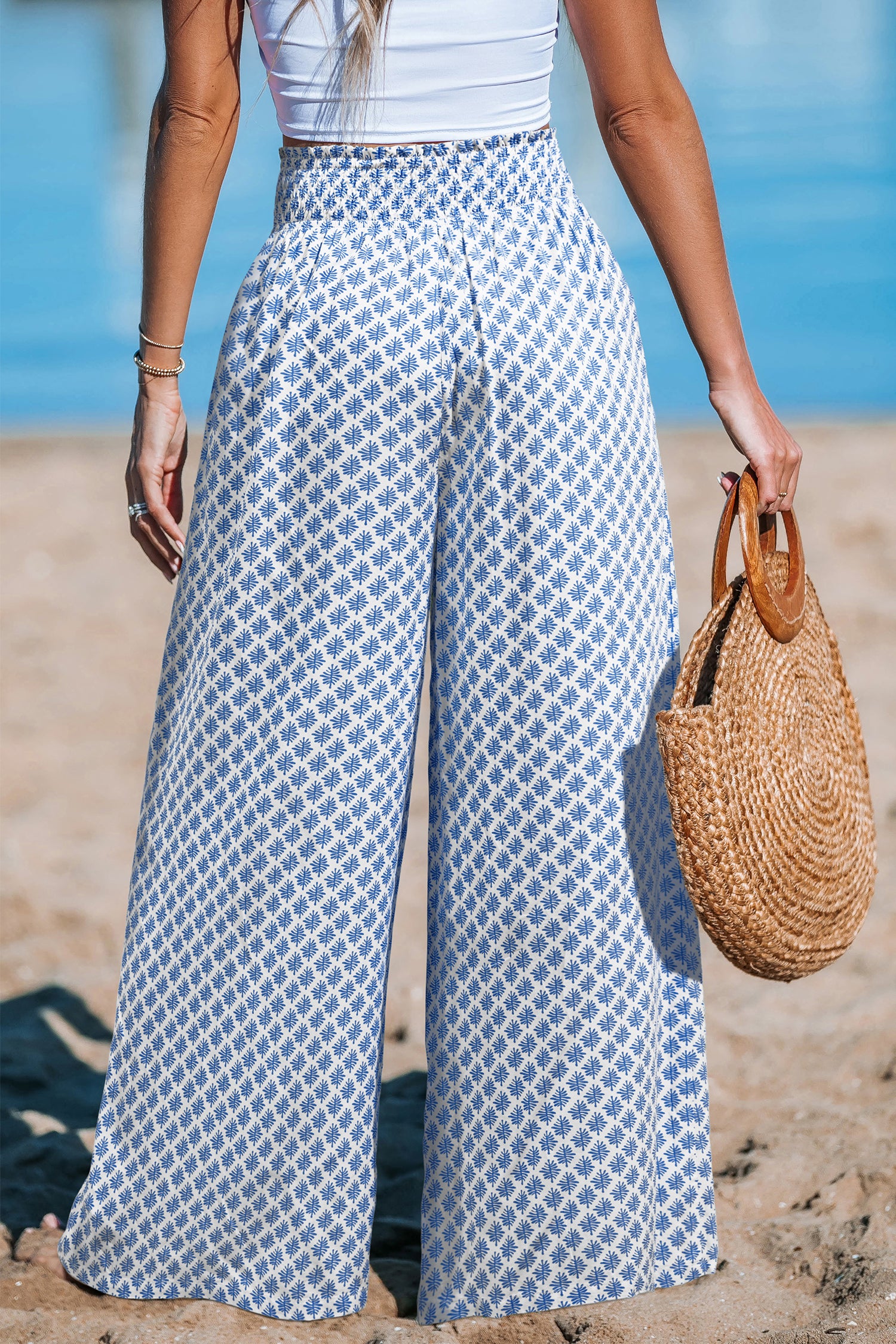 Blaue Verzierte Gesmokter Bund Hose