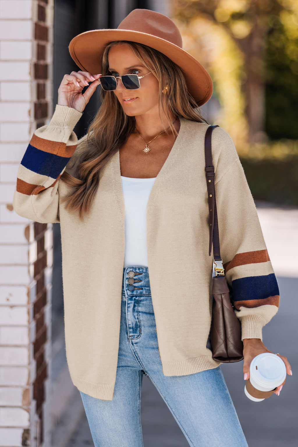 Beige Klassische Gestreifte Strickjacke