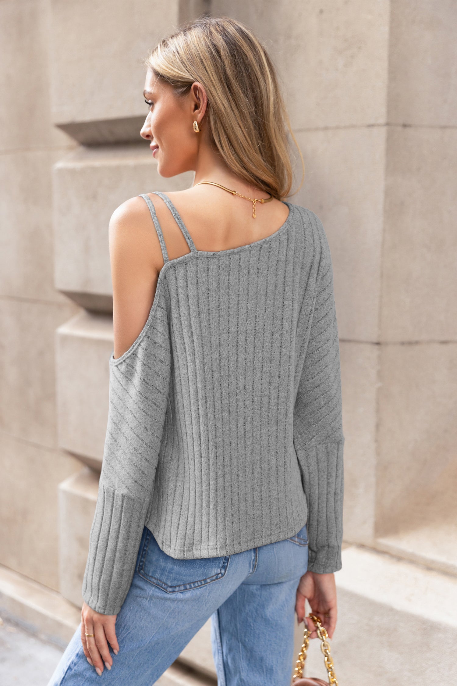 Graues Asymmetrischer Ausschnitt Lange Ärmel Strick-Top