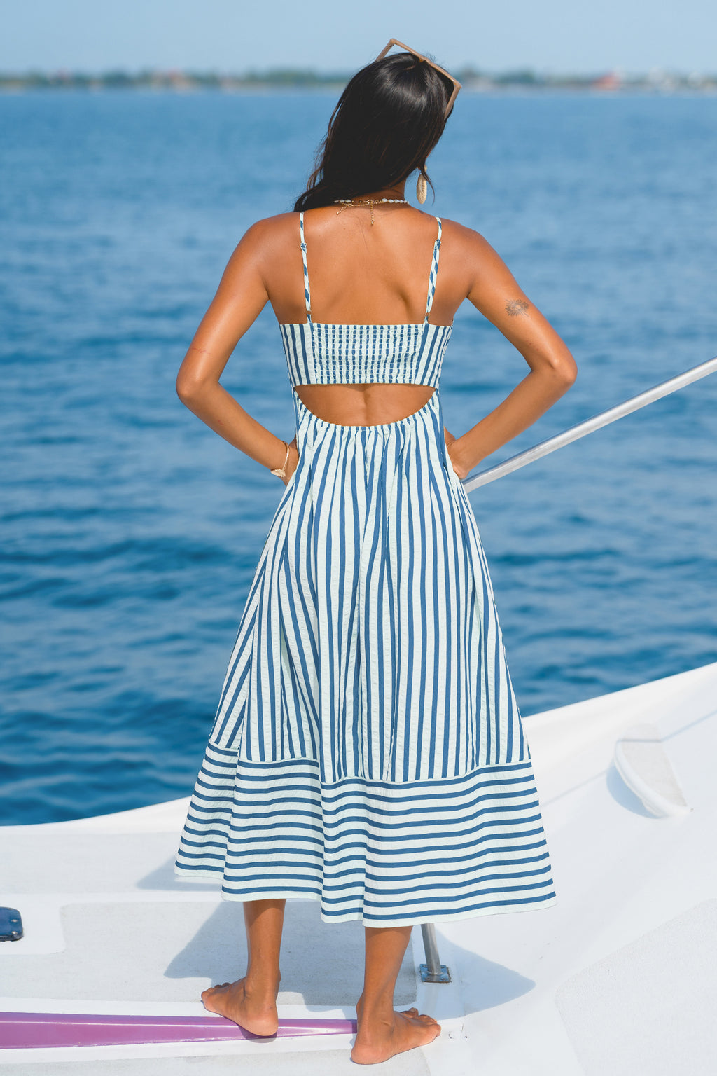 Grün Gestreiftes Eckiger Ausschnitt Maxi-Sommerkleid