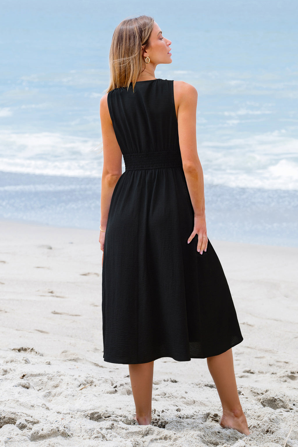 Schwarzes Ärmelloses V-Ausschnitt Wickel-Maxikleid