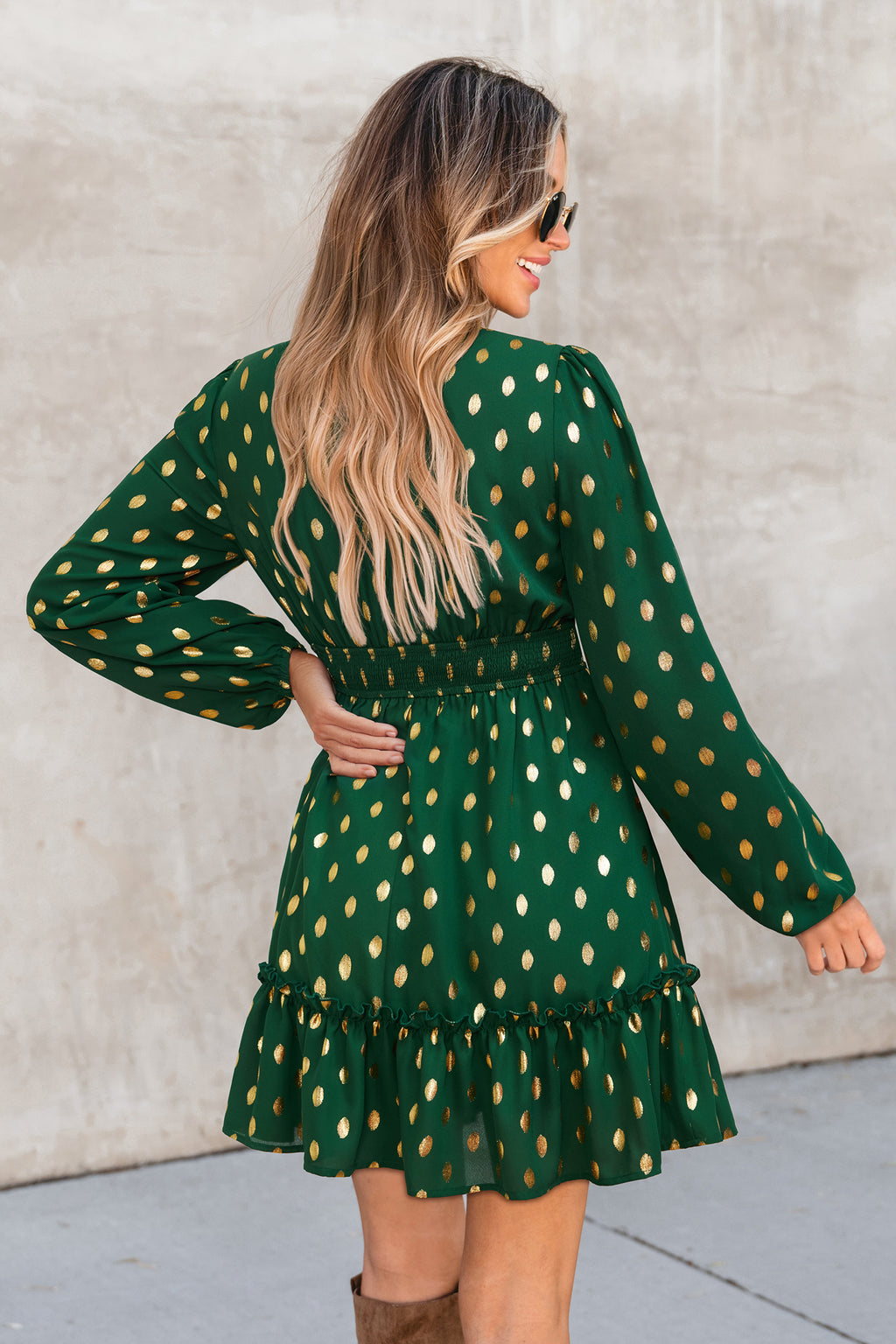 Grünes Polka Dot V-Ausschnitt Lange Ärmel Minikleid