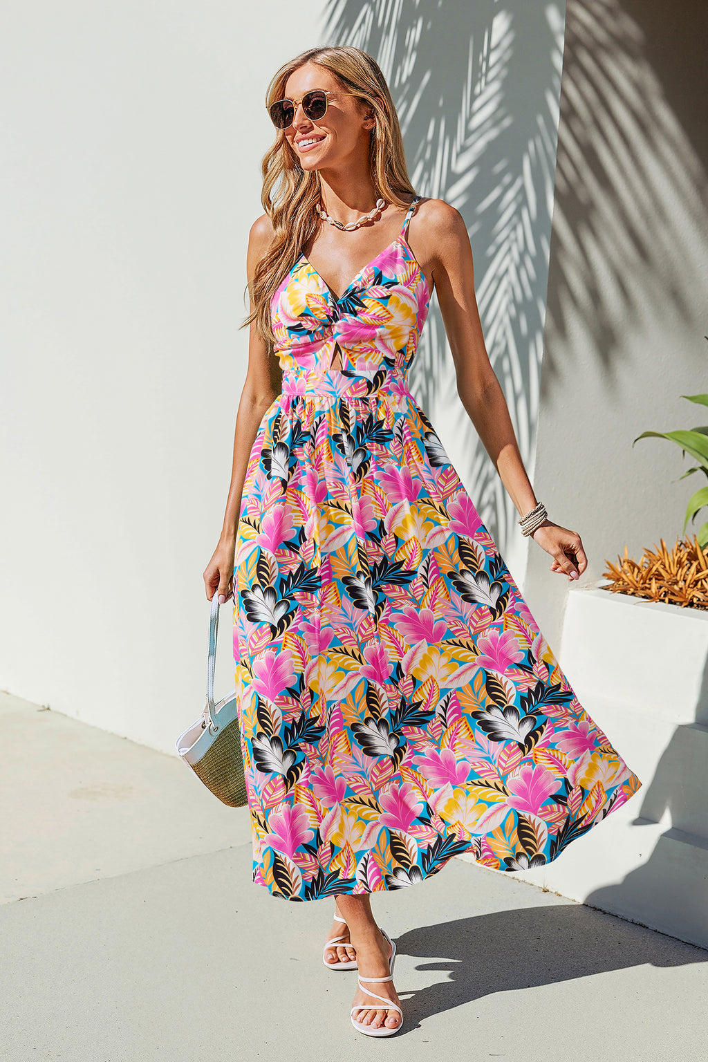 Tropisches Ärmelloses Geknotetes V-Ausschnitt Maxi-Strandkleid