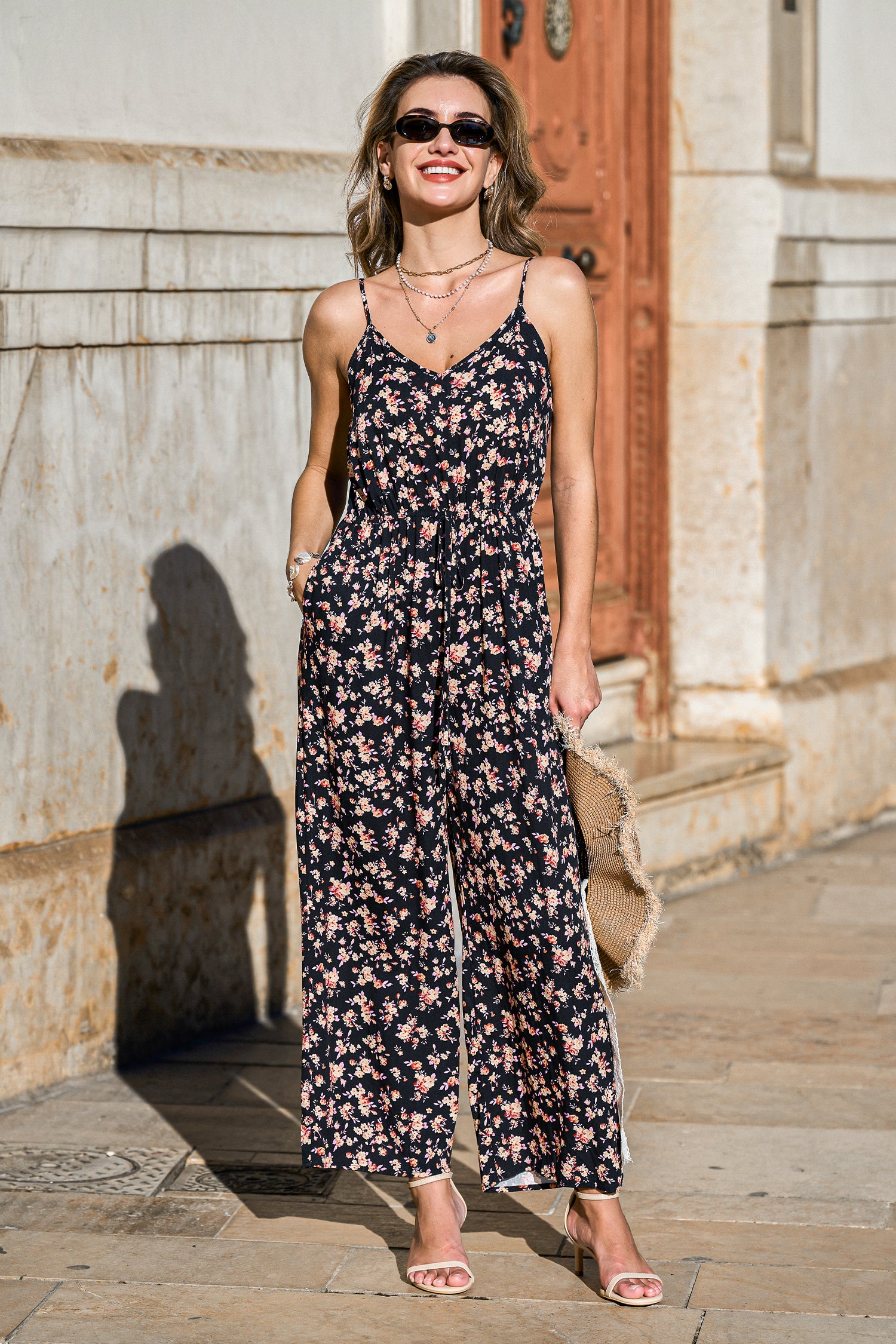 Ärmelloser V-Ausschnitt Jumpsuit mit Blumenmuster