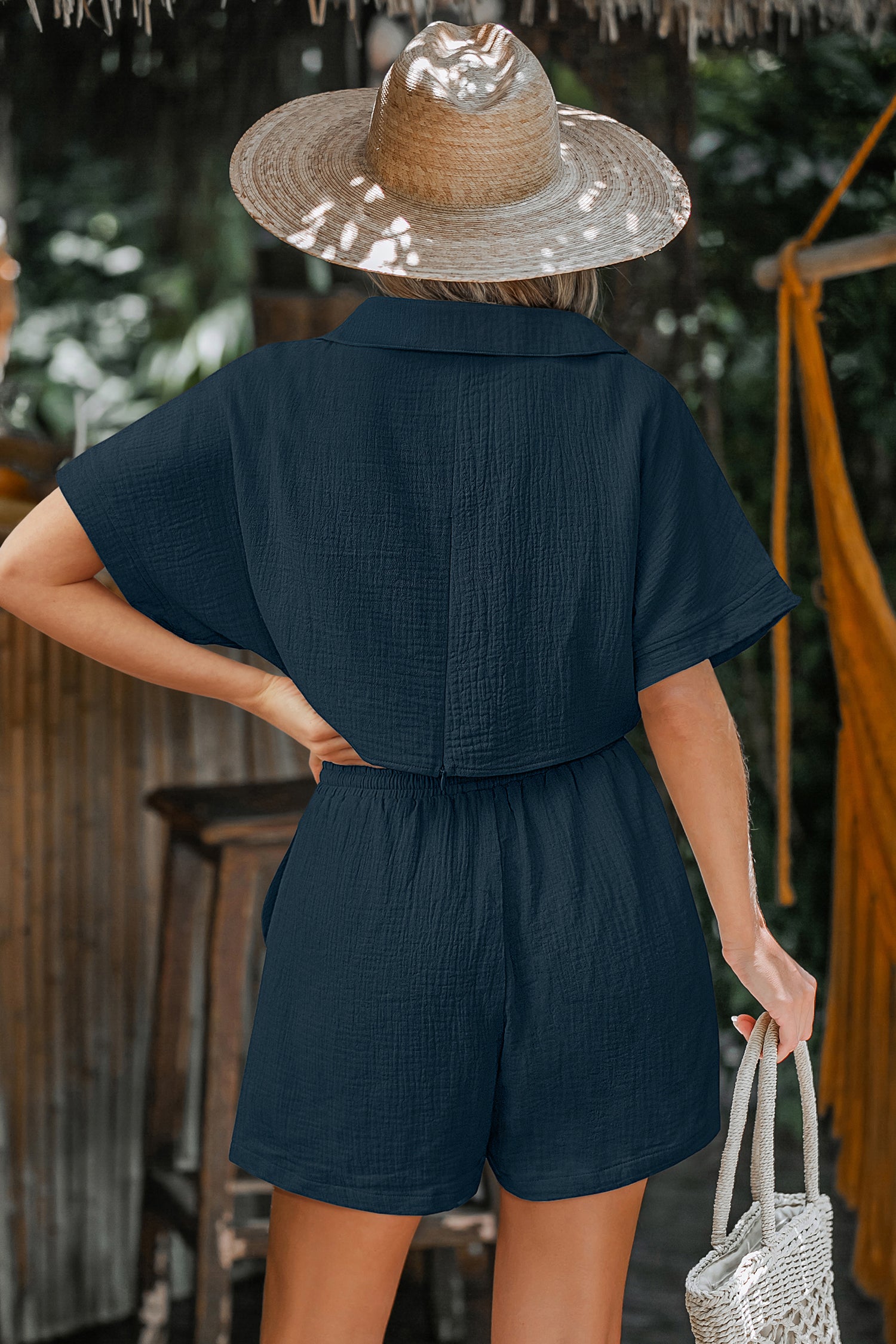 Blauer Tiefer Ausschnitt Kurzarm Jumpsuit