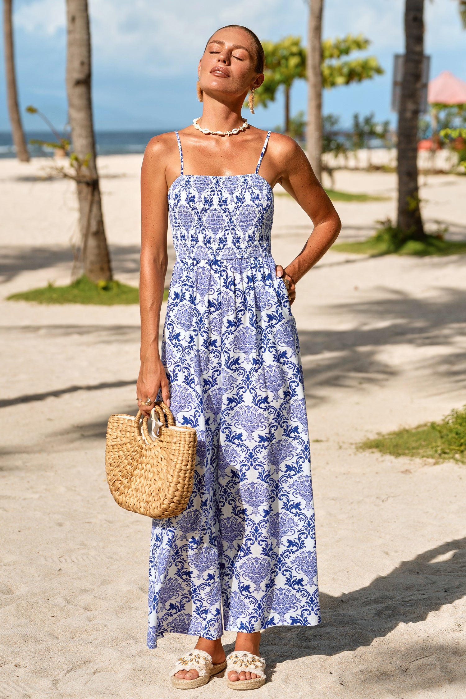 Blauer Ärmelloser Boho Eckiger Ausschnitt Jumpsuit