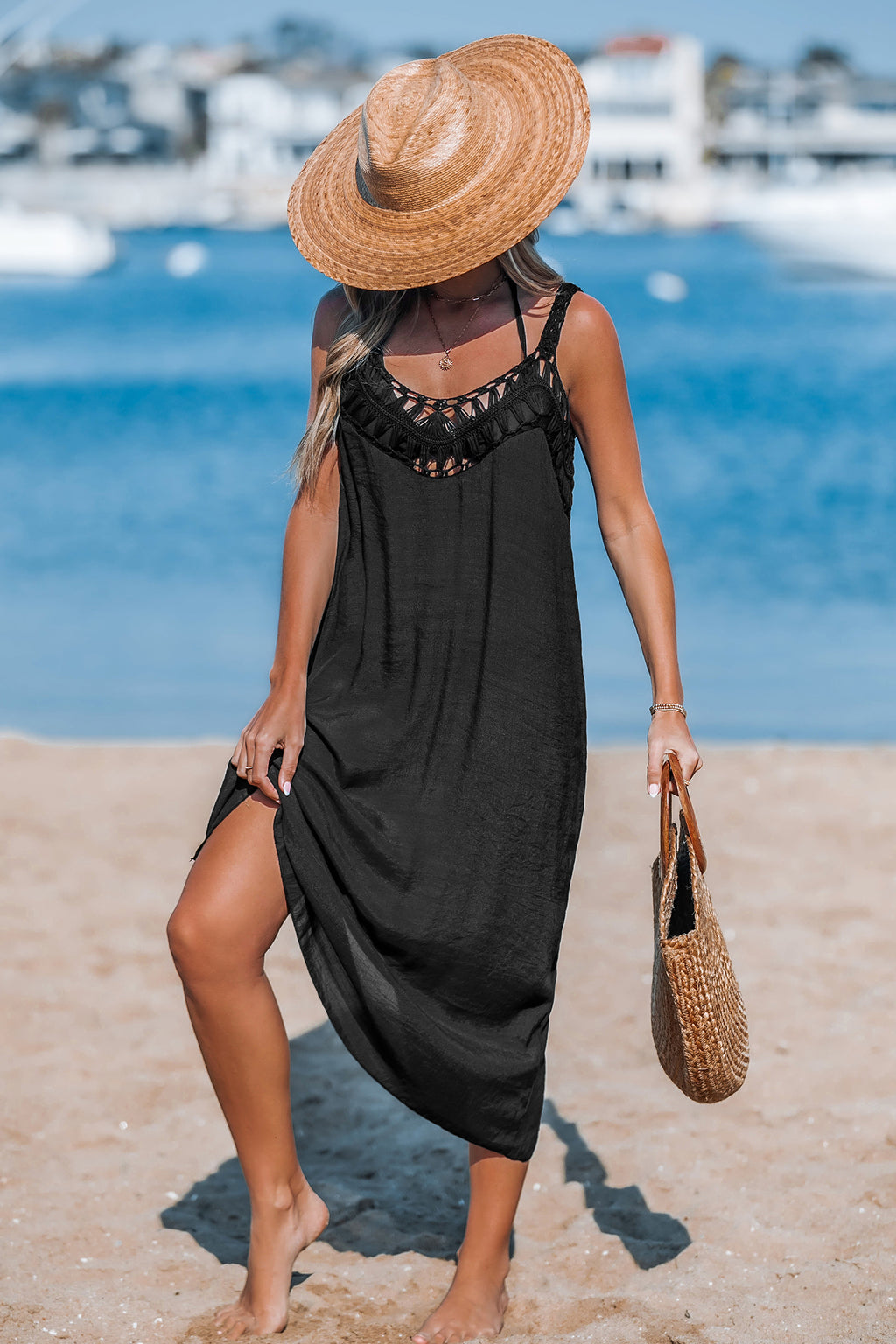 Maxi-Slip-Strandkleid mit durchsichtigen Häkeleinsätzen
