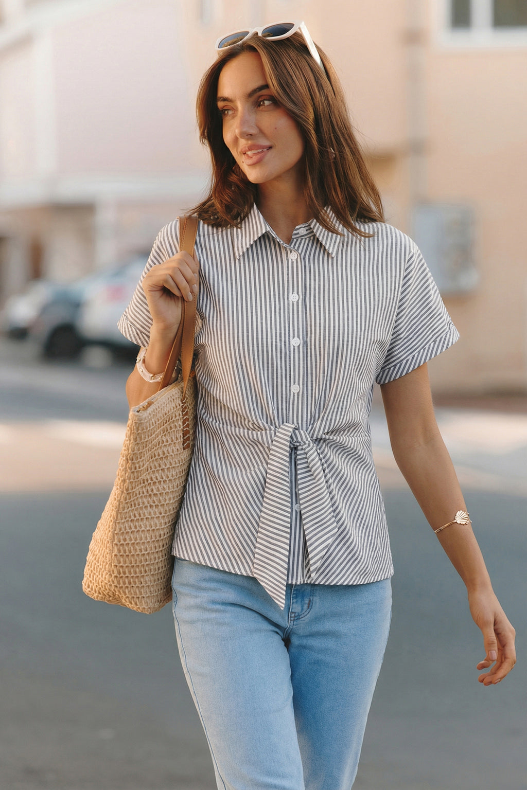 Gestreifte Kurzarm Geknotete Bluse