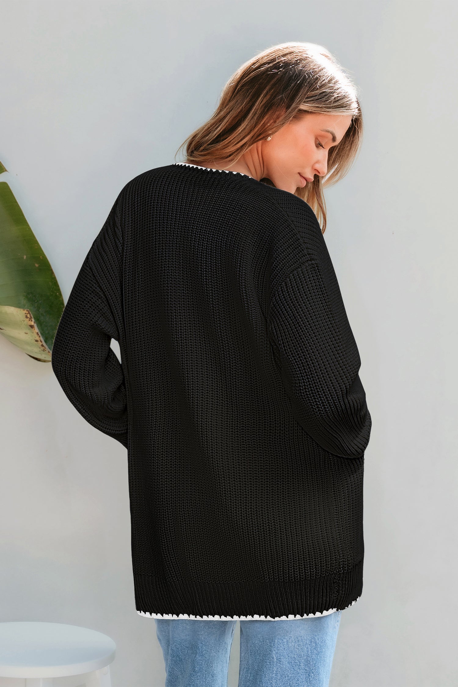Schwarze Offene Vorderseite Strickjacke